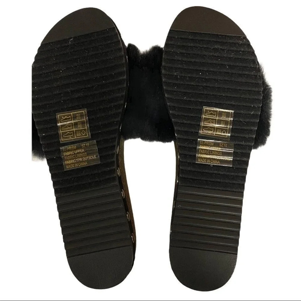 L4l By Lust For Life Sandals 10M Black Faux Fur Studded Wedge Platform Mule Chic